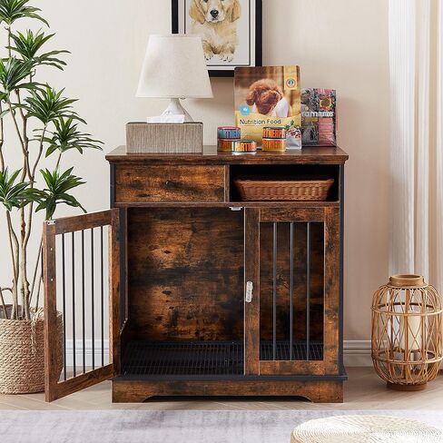 Furniture Style Dog Crate,Modern Decorative Wood Wire Pet House Dog Cage with Drawer & Double Doors,Decorative Dog House Pet Cage Indoor Use,for Medium Small Dogs,(Rustic Brown) in Kuwait