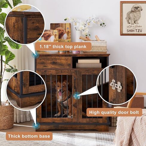 Furniture Style Dog Crate,Modern Decorative Wood Wire Pet House Dog Cage with Drawer & Double Doors,Decorative Dog House Pet Cage Indoor Use,for Medium Small Dogs,(Rustic Brown) in Kuwait