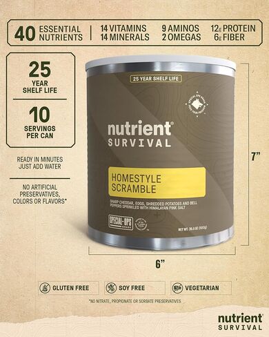 Nutrient Survival MRE Emergency Food Supply, 14-Day Survival Food (72 Servings) Bucket Disaster Kit, Freeze Dried Ready to Eat Meals in Resealable Packs, Shelf Stable up to 15 Years in Saudi Arabia