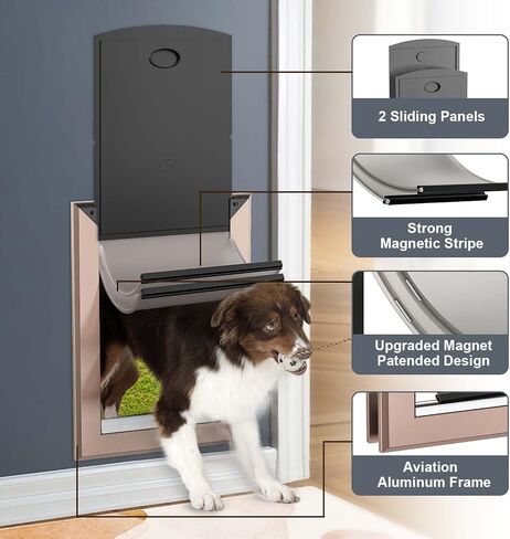 باب الكلب من ديكورماكس للجدار، باب للكلاب موفر للطاقة مع إطار من الألومنيوم، نفق تلسكوبي، لوحات مغناطيسية مزدوجة ولوحين قفل منزلقين، سهل التركيب، ذهبي وردي، متوسط in Kuwait
