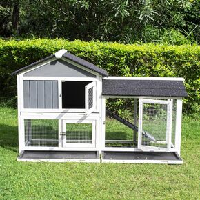 Lifeand 56.7''L Deluxe Multi-Level Rabbit Hutch, Ideal for Rabbits, Chicks, Guinea Pigs, and Hedgehogs, Gray+White in Kuwait