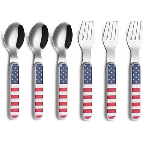 مجموعة أدوات المائدة الفضية للأطفال من أنوفا 6 قطع من الفولاذ المقاوم للصدأ 3 × شوك، 3 × ملاعق عشاء مقبض بلاستيكي، أواني الأطفال الصغار بدون سكاكين، للأطفال والرضع خالية من مادة BPA - نجوم منقطة in Kuwait