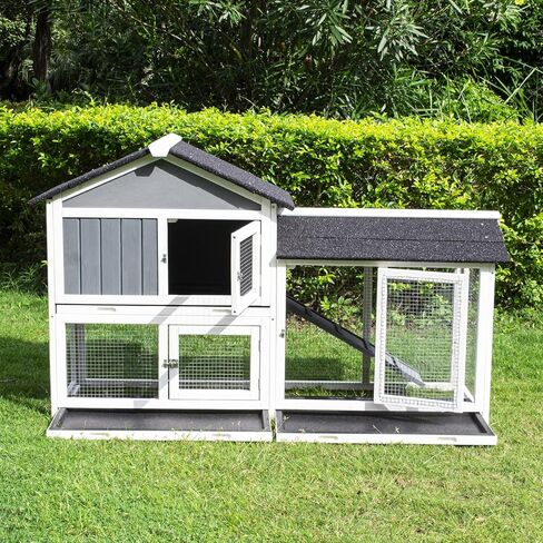 Lifeand 56.7''L Deluxe Multi-Level Rabbit Hutch, Ideal for Rabbits, Chicks, Guinea Pigs, and Hedgehogs, Gray+White in Kuwait