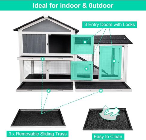Lifeand 56.7''L Deluxe Multi-Level Rabbit Hutch, Ideal for Rabbits, Chicks, Guinea Pigs, and Hedgehogs, Gray+White in Kuwait