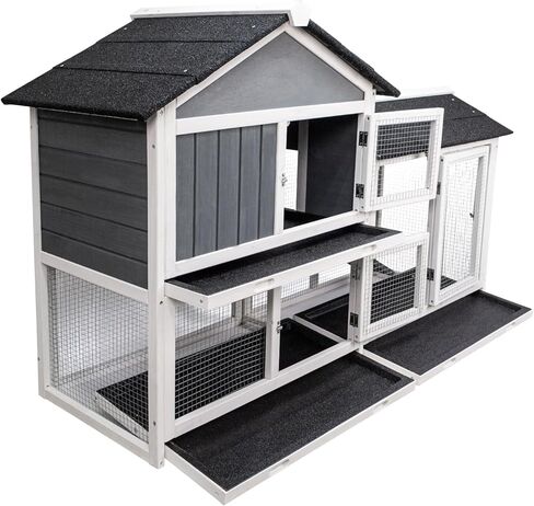 Lifeand 56.7''L Deluxe Multi-Level Rabbit Hutch, Ideal for Rabbits, Chicks, Guinea Pigs, and Hedgehogs, Gray+White in Kuwait