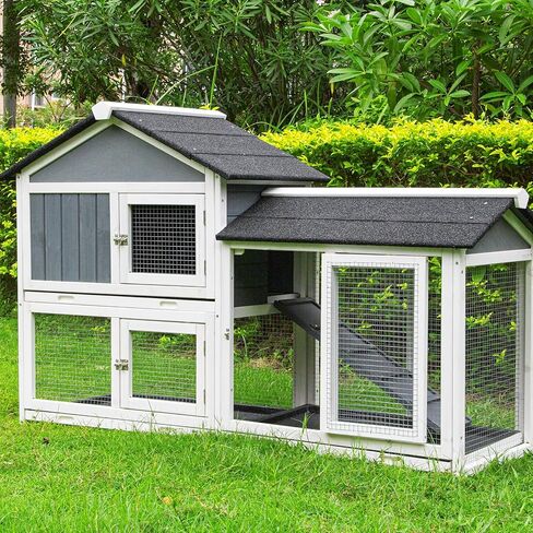 Lifeand 56.7''L Deluxe Multi-Level Rabbit Hutch, Ideal for Rabbits, Chicks, Guinea Pigs, and Hedgehogs, Gray+White in Kuwait