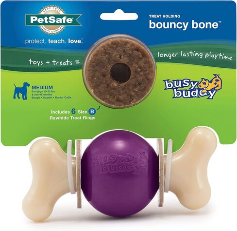PetSafe Busy Buddy Bouncy Bone - ألعاب تحمل المكافآت للكلاب - معطرة لتعزيز التحفيز الحسي - مكونات تم اختبارها بدقة - للمضغين العدوانيين - تتضمن حلقات المكافآت - أرجواني، كبير in Kuwait