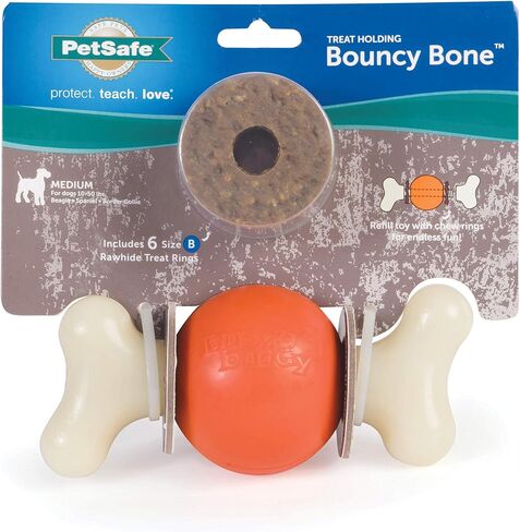 PetSafe Busy Buddy Bouncy Bone - ألعاب تحمل المكافآت للكلاب - معطرة لتعزيز التحفيز الحسي - مكونات تم اختبارها بدقة - للمضغين العدوانيين - تتضمن حلقات المكافآت - أرجواني، كبير in Kuwait
