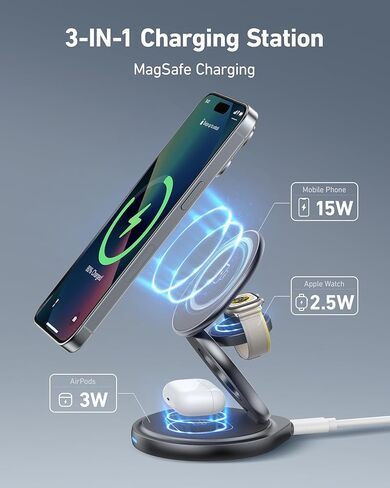 3 in 1 Wireless Charging Station for Magsafe Charger, Fast Magnetic Foldable Charger Stand for iPhone 15 14 13 12 11 Pro Max XR, for Apple Watch 8 7 6 5 4 3 2 SE, for AirPods 2 3 Pro (ZINC ALLOY MADE) in Kuwait