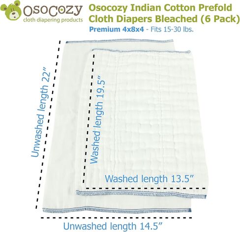 OsoCozy Prefolds Bleached Cloth Baby Diapers, Size 1 (7-15 lbs), Soft, Absorbent and Durable 100% Natural Cotton, Our Top Selling Diaper Service Quality Prefolds - (6 Pack) in Saudi Arabia