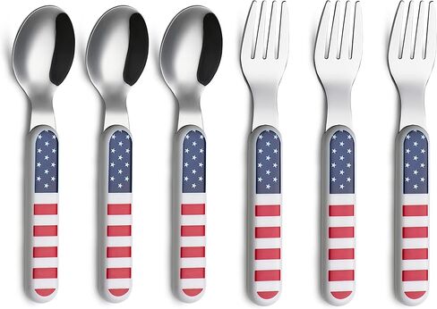 مجموعة أدوات المائدة الفضية للأطفال من أنوفا 6 قطع من الفولاذ المقاوم للصدأ 3 × شوك، 3 × ملاعق عشاء مقبض بلاستيكي، أواني الأطفال الصغار بدون سكاكين، للأطفال والرضع خالية من مادة BPA - نجوم منقطة in Kuwait