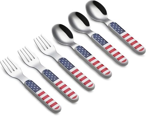 مجموعة أدوات المائدة الفضية للأطفال من أنوفا 6 قطع من الفولاذ المقاوم للصدأ 3 × شوك، 3 × ملاعق عشاء مقبض بلاستيكي، أواني الأطفال الصغار بدون سكاكين، للأطفال والرضع خالية من مادة BPA - نجوم منقطة in Kuwait