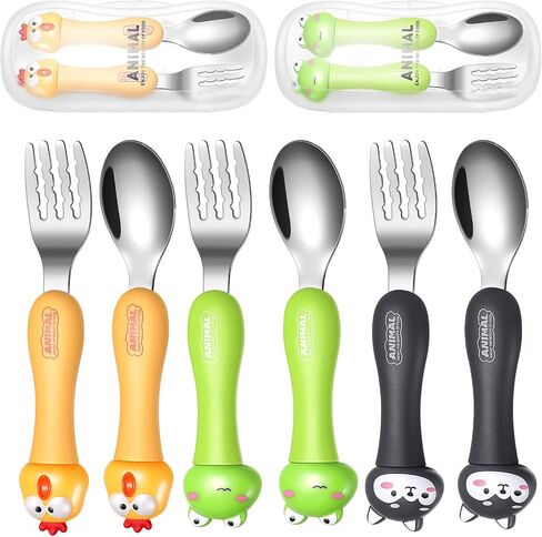 6 Pieces Toddler Utensils Baby Spoon Fork Set Toddler Flatware Set with Travel Case Baby Feeding Training Spoons Forks with Cute Cartoon Handle Stainless Steel Baby Angled Spoons for Age Over 6 in Saudi Arabia