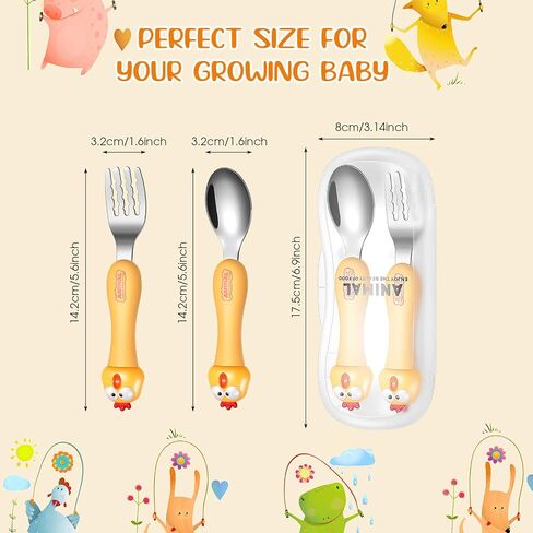 6 Pieces Toddler Utensils Baby Spoon Fork Set Toddler Flatware Set with Travel Case Baby Feeding Training Spoons Forks with Cute Cartoon Handle Stainless Steel Baby Angled Spoons for Age Over 6 in Saudi Arabia