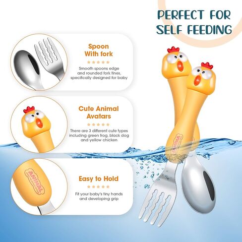 6 Pieces Toddler Utensils Baby Spoon Fork Set Toddler Flatware Set with Travel Case Baby Feeding Training Spoons Forks with Cute Cartoon Handle Stainless Steel Baby Angled Spoons for Age Over 6 in Saudi Arabia