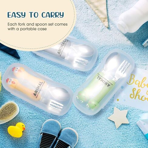 6 Pieces Toddler Utensils Baby Spoon Fork Set Toddler Flatware Set with Travel Case Baby Feeding Training Spoons Forks with Cute Cartoon Handle Stainless Steel Baby Angled Spoons for Age Over 6 in Saudi Arabia