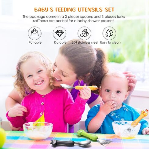 6 Pieces Toddler Utensils Baby Spoon Fork Set Toddler Flatware Set with Travel Case Baby Feeding Training Spoons Forks with Cute Cartoon Handle Stainless Steel Baby Angled Spoons for Age Over 6 in Saudi Arabia