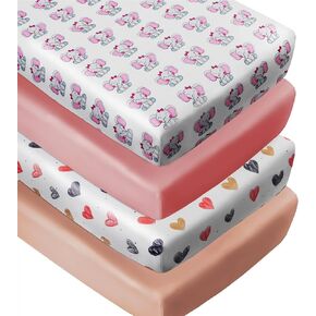 4 Pack Baby Girl Crib Sheets Fitted Pink Crib Sheet Portable Mattress Cover or Toddler Bed Sheets for Girls (Elephant) in Kuwait