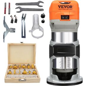 VEVOR Wood Router, 1.25HP 800W, Compact Wood Trimmer Router Tool, 30000RPM Max Speed 6 Variable Speeds, with 1/4'' & 5/16'' Collets 12 PCs Milling Cutters Dust Hood, for Woodworking Slotting Trimming in Kuwait