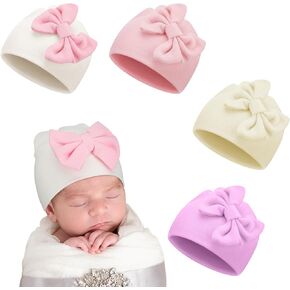 Cuffbow 4 Pcs Preemie Hats Bow Preemie Cap Warm Premature Baby Hat Cotton Preemie Beanie Hat for Preemie Newborn 3-7 Lbs