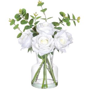 Real Touch Artificial Flowers with Faux Water in Vase,Silk Roses and Eucalyptus with Fake Water Flower Arrangements in Glass Vase for Centerpiece Table Decorations Kitchens Office Home decor (White) in Kuwait