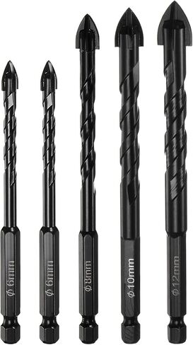 HARFINGTON 5pcs Masonry Drill Bit Set, 6mm to 12mm Concrete Drill Bit Set 1/4" Hex Shank Ceramic Tile Drill Bit Carbide Tip for Brick, Glass, Plastic, Ceramic Tile, Wall Mirror, Black in Saudi Arabia