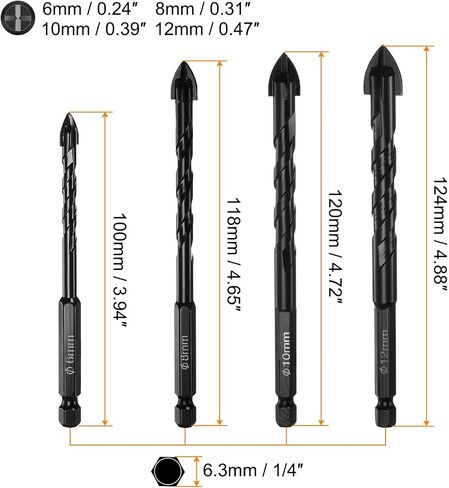 HARFINGTON 5pcs Masonry Drill Bit Set, 6mm to 12mm Concrete Drill Bit Set 1/4" Hex Shank Ceramic Tile Drill Bit Carbide Tip for Brick, Glass, Plastic, Ceramic Tile, Wall Mirror, Black in Saudi Arabia