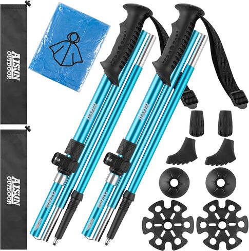AISUNOURDOOR Lightweight Adjustable Trekking Poles, Aluminum Collapsible Travel Hiking or Walking Sticks for Men and Women, 2 Poles, with One Disposable Raincoat in Saudi Arabia