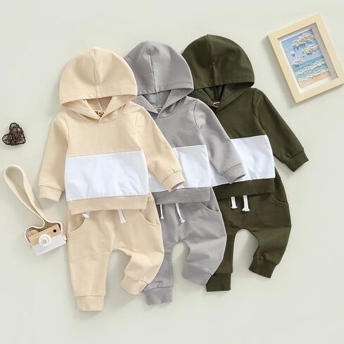 Karesoull Toddler Boy Clothes Patchwork Sweatshirts Long Sleeve Tops Solid Pants Outfit Fall Winter Baby Hooded Clothe Set in Kuwait