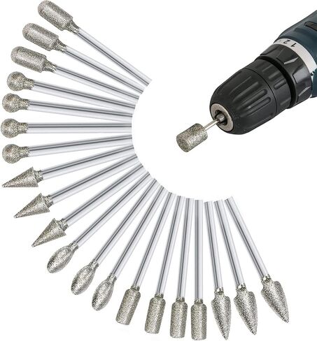 Diamond Grinding Burr Bit Set, 20Pcs Rotary Tool Accessories Stone Carving Set with 1/8 inch Shank for Stone Ceramic Glass Carving, Grinding, Polishing, Engraving, Sanding in Kuwait