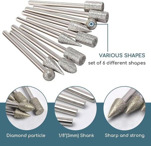 Diamond Grinding Burr Bit Set, 20Pcs Rotary Tool Accessories Stone Carving Set with 1/8 inch Shank for Stone Ceramic Glass Carving, Grinding, Polishing, Engraving, Sanding in Kuwait