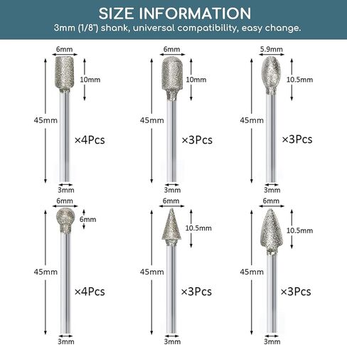 Diamond Grinding Burr Bit Set, 20Pcs Rotary Tool Accessories Stone Carving Set with 1/8 inch Shank for Stone Ceramic Glass Carving, Grinding, Polishing, Engraving, Sanding in Kuwait