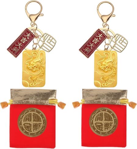 ايسوين سلسلة مفاتيح بتصميم عام التنين الصيني 2024 مع حقيبتين حمراء، تمثال تنين ذهبي، حامل مفاتيح معدني رقيق لمفاتيح السيارة والحقيبة، ديكور معلق هدية زودياك تذكارية مباركة، ذهبي، S in Kuwait