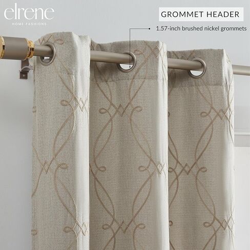 Elrene Home Fashions Palmetto Lattice Embroidered Thermal Blackout Window Curtain Panel with Grommets, Set of 2, 37"x84", Natural in Kuwait