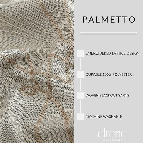 Elrene Home Fashions Palmetto Lattice Embroidered Thermal Blackout Window Curtain Panel with Grommets, Set of 2, 37"x84", Natural in Kuwait