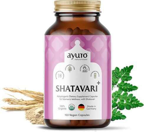 أيورو - كبسولات شاتافاري العضوية، مكمل الرضاعة، كبسولات شاتافاري + المورينغا، مكملات تخفيف الدورة الشهرية وانقطاع الطمث، توازن الهرمونات الطبيعي للنساء، دعم المناعة الأيورفيدا، 150 كبسولة in Kuwait