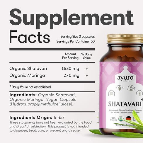 أيورو - كبسولات شاتافاري العضوية، مكمل الرضاعة، كبسولات شاتافاري + المورينغا، مكملات تخفيف الدورة الشهرية وانقطاع الطمث، توازن الهرمونات الطبيعي للنساء، دعم المناعة الأيورفيدا، 150 كبسولة in Kuwait