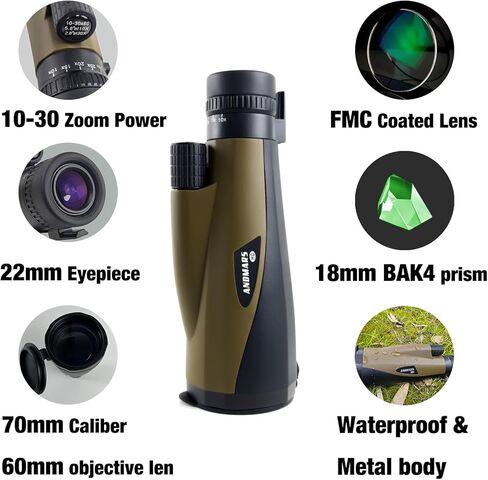 Andmars Zoom 10-30x60 منظار أحادي عالي الطاقة عالي الدقة للبالغين. تلسكوب مقاوم للماء مع حافظة جلدية وجسم معدني ومحول هاتف وحامل ثلاثي القوائم. FMC المغلفة ومنشور BAK4. لصيد الطيور والمشي لمسافات طويلة. (رمادي) in Kuwait