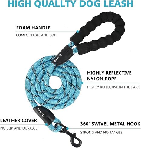 Rttochfy Dog Leash Heavy Duty - 2/4/5/6/8/10 Foot Rope Leash with Comfortable Padded Handle and Reflective - Puppy Training Leash for Small Medium Large Breed Dogs - (1/2" x5 FT, Black) in Saudi Arabia