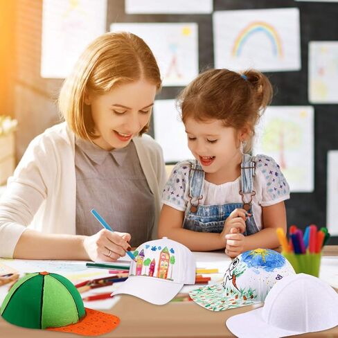 Coxeer 17PCS DIY Baseball Caps Adjustable Plain Hat White Painting Polyester Sports Cap for Kids Painting DIY in Kuwait