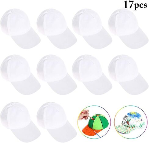 Coxeer 17PCS DIY Baseball Caps Adjustable Plain Hat White Painting Polyester Sports Cap for Kids Painting DIY in Kuwait