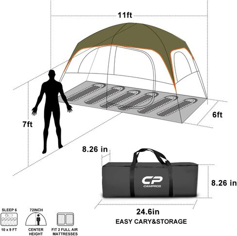 CAMPROS CP Tent-6-Person-Camping-Tents, Waterproof Windproof Family Tent with Top Rainfly, 4 Large Mesh Windows, Double Layer, Easy Set Up, Portable with Carry Bag in Saudi Arabia
