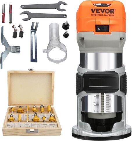 VEVOR Wood Router, 1.25HP 800W, Compact Wood Trimmer Router Tool, 30000RPM Max Speed 6 Variable Speeds, with 1/4'' & 5/16'' Collets 12 PCs Milling Cutters Dust Hood, for Woodworking Slotting Trimming in Kuwait