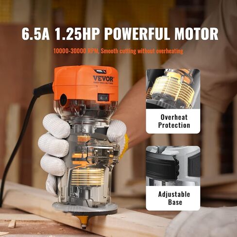 VEVOR Wood Router, 1.25HP 800W, Compact Wood Trimmer Router Tool, 30000RPM Max Speed 6 Variable Speeds, with 1/4'' & 5/16'' Collets 12 PCs Milling Cutters Dust Hood, for Woodworking Slotting Trimming in Kuwait