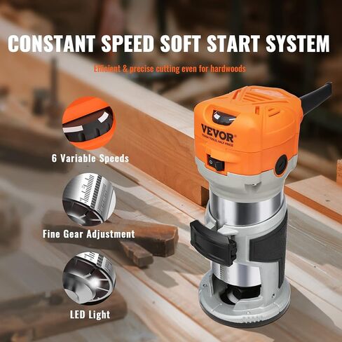 VEVOR Wood Router, 1.25HP 800W, Compact Wood Trimmer Router Tool, 30000RPM Max Speed 6 Variable Speeds, with 1/4'' & 5/16'' Collets 12 PCs Milling Cutters Dust Hood, for Woodworking Slotting Trimming in Kuwait