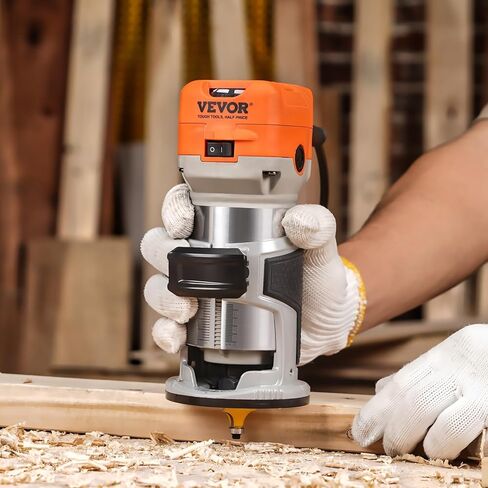 VEVOR Wood Router, 1.25HP 800W, Compact Wood Trimmer Router Tool, 30000RPM Max Speed 6 Variable Speeds, with 1/4'' & 5/16'' Collets 12 PCs Milling Cutters Dust Hood, for Woodworking Slotting Trimming in Kuwait