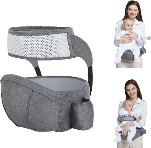 حاملة أطفال، تصميم مريح لمقعد الأطفال على شكل الورك، مقعد خصر قابل للتعديل 180 درجة لأعلى ولأسفل، جيوب مختلفة قابلة للتنفس لحديثي الولادة إلى طفل صغير يصل وزنه إلى 44 رطلاً للأطفال الرضع (رمادي) in Kuwait