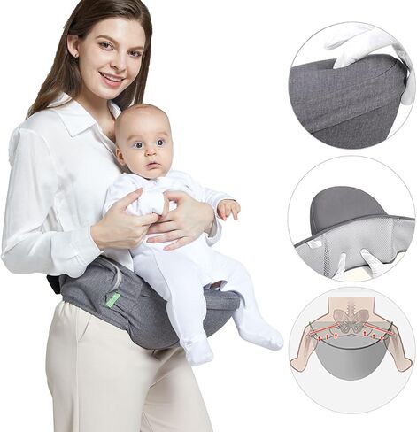 حاملة أطفال، تصميم مريح لمقعد الأطفال على شكل الورك، مقعد خصر قابل للتعديل 180 درجة لأعلى ولأسفل، جيوب مختلفة قابلة للتنفس لحديثي الولادة إلى طفل صغير يصل وزنه إلى 44 رطلاً للأطفال الرضع (رمادي) in Kuwait