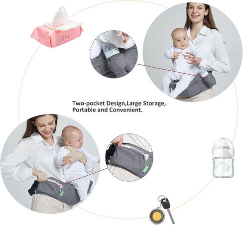 حاملة أطفال، تصميم مريح لمقعد الأطفال على شكل الورك، مقعد خصر قابل للتعديل 180 درجة لأعلى ولأسفل، جيوب مختلفة قابلة للتنفس لحديثي الولادة إلى طفل صغير يصل وزنه إلى 44 رطلاً للأطفال الرضع (رمادي) in Kuwait