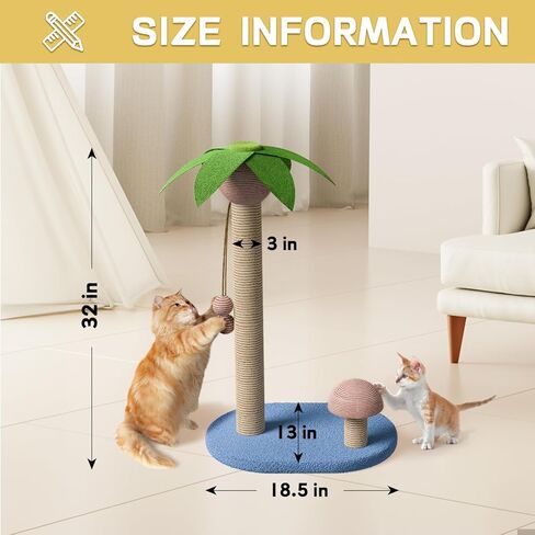 Western Home Large Cat Scratching Post, 32 Inches Tall Cat Scratch Post with 2 Cat Scratcher, Coconut Tree Scratching Post for Indoor Cats with Hanging Balls in Kuwait